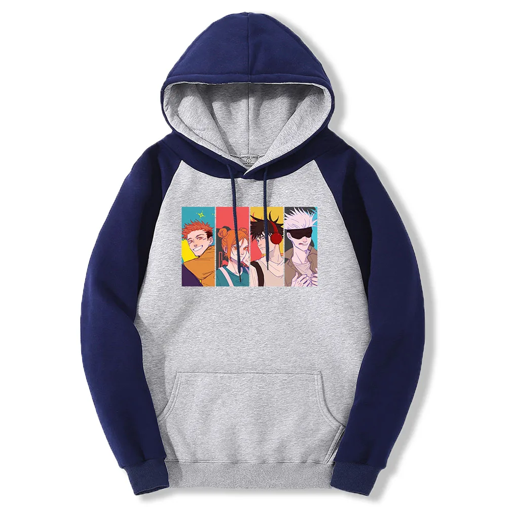 

Jujutsu Kaisen Anime Group Print Mens Hoodies Cartoon Fleece Swetshirts Raglan Thicken Hoody Vintage Pullover Clothes Men Autumn