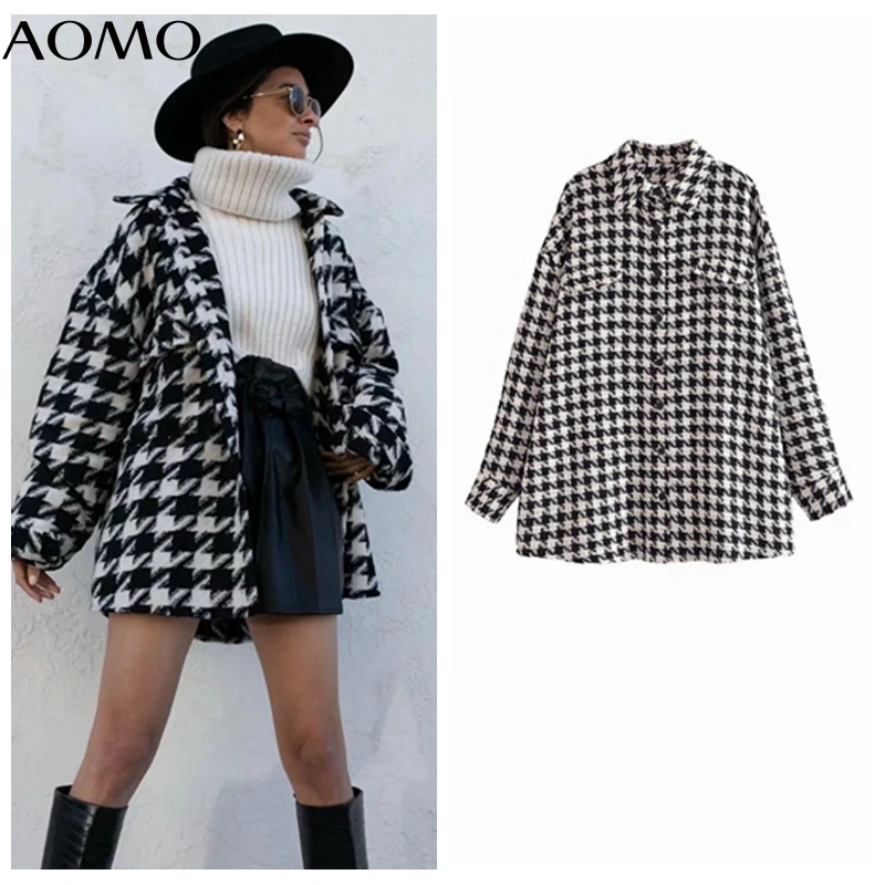 

Женская Осенняя куртка AOMO, клетчатая твидовая Свободная куртка с длинными рукавами и карманами, модель 2021 года, пальто в стиле бойфренда 5D159A