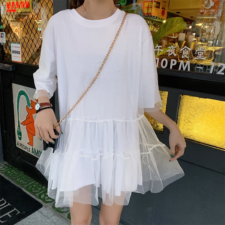 Плиссированное Платье-футболка повседневное корейское лоскутное Сетчатое