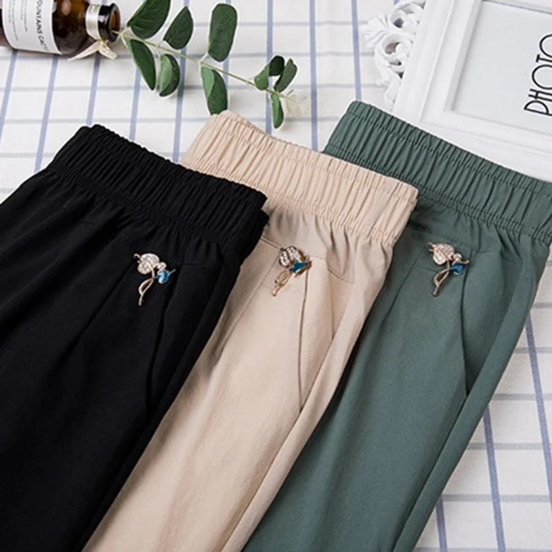 

Summer Thin Women's Pants New Ice Silk Puick-drying Nine-Point Pants Elastic Waist Plus Size 8XL Middle-aged Female Casual Pants