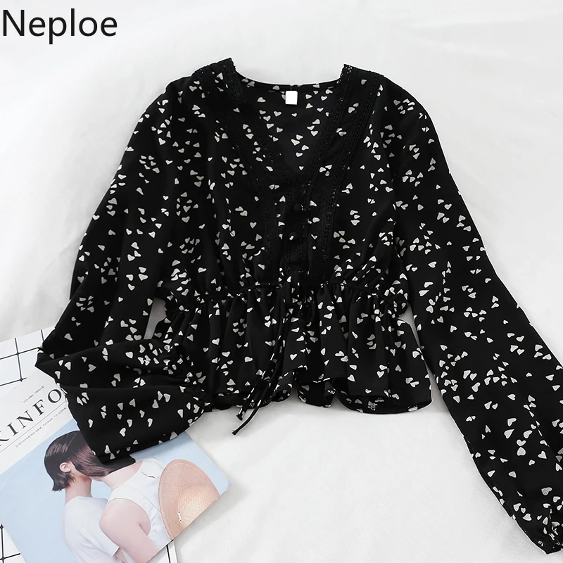 Neploe винтажный принт Женские топы и блузки 2019 корейский стиль v образный вырез