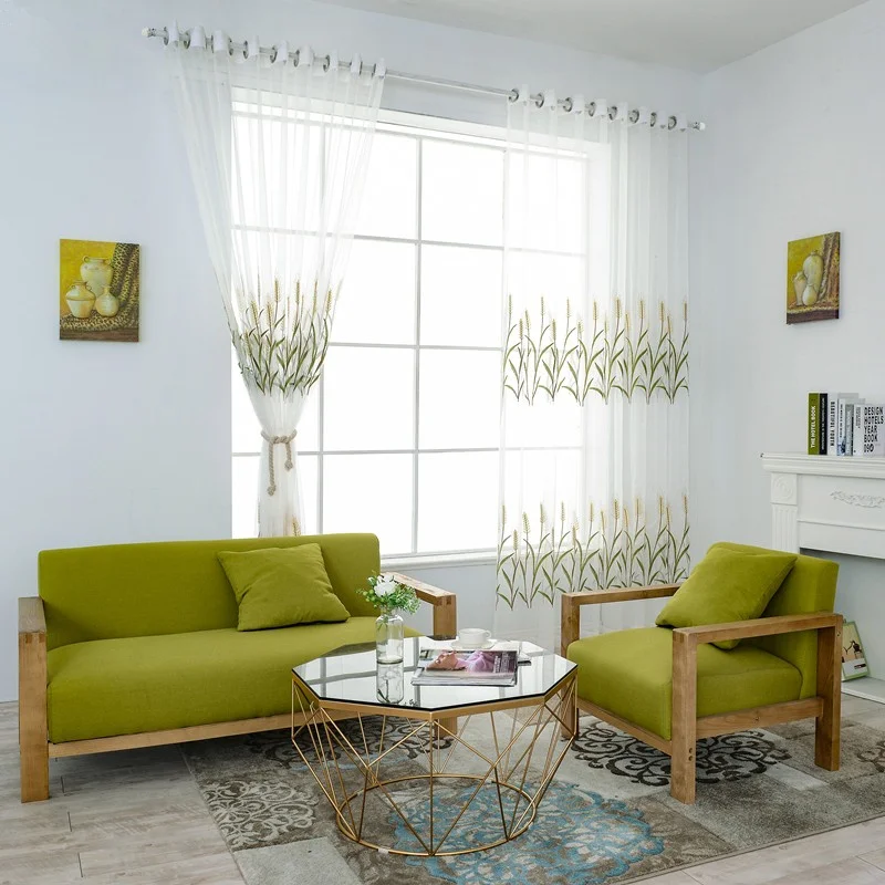 Белая прозрачная занавеска с рисунком пшеничных ушей деревенская вуаль для