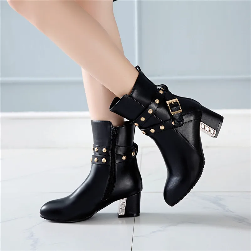 

Meotina Winter Ankle Boots Women Boots Buckle Square High Heels Short Boots Zipper Pointed Toe Shoes Lady Autumn Large Size 3-12