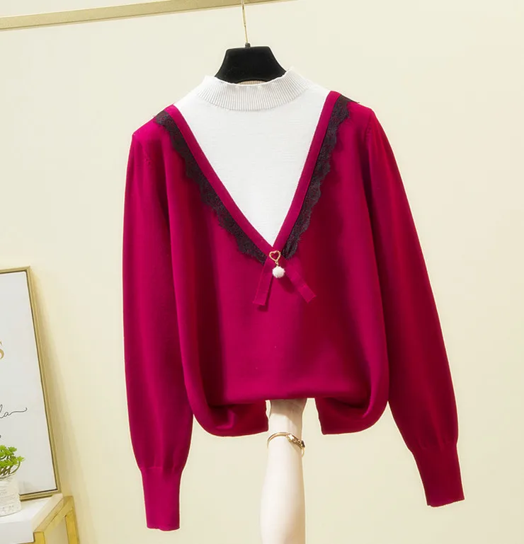 

Lace Knitted Patchwork Women Sweater Pullovers O-Neck Loose Elegant Office Lady Pulls Outwear Tops