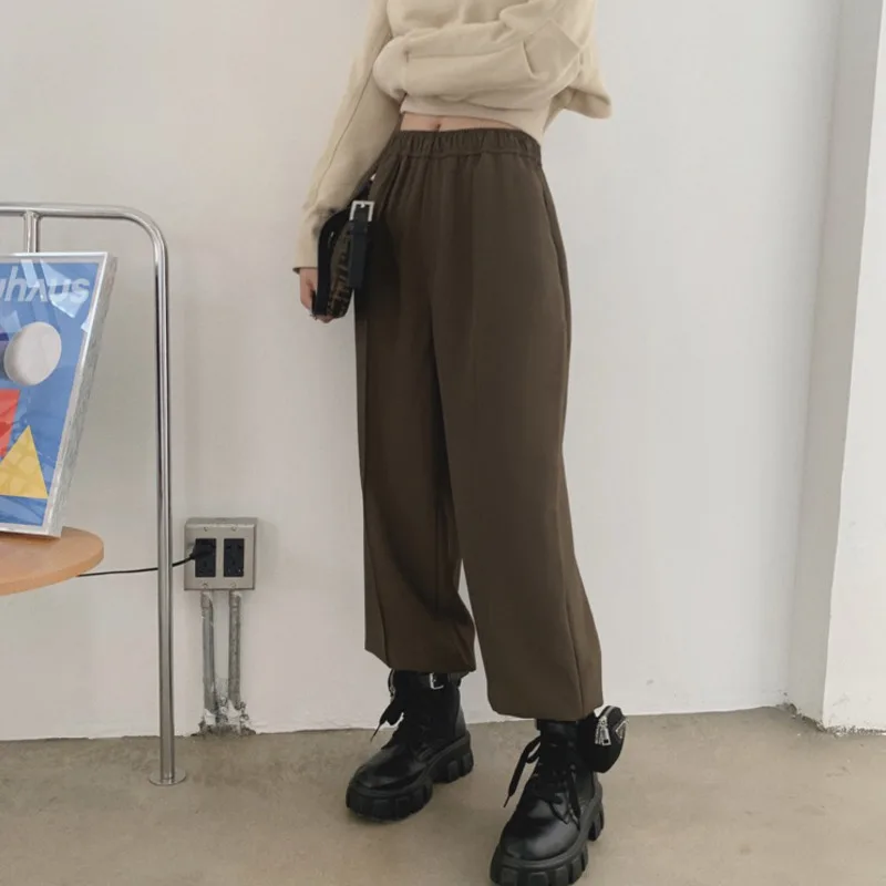 

LANMREM 2021 autumn winter elastic high waist loose all-match pants for women fashion tide casual pants basic turnup pants A2187