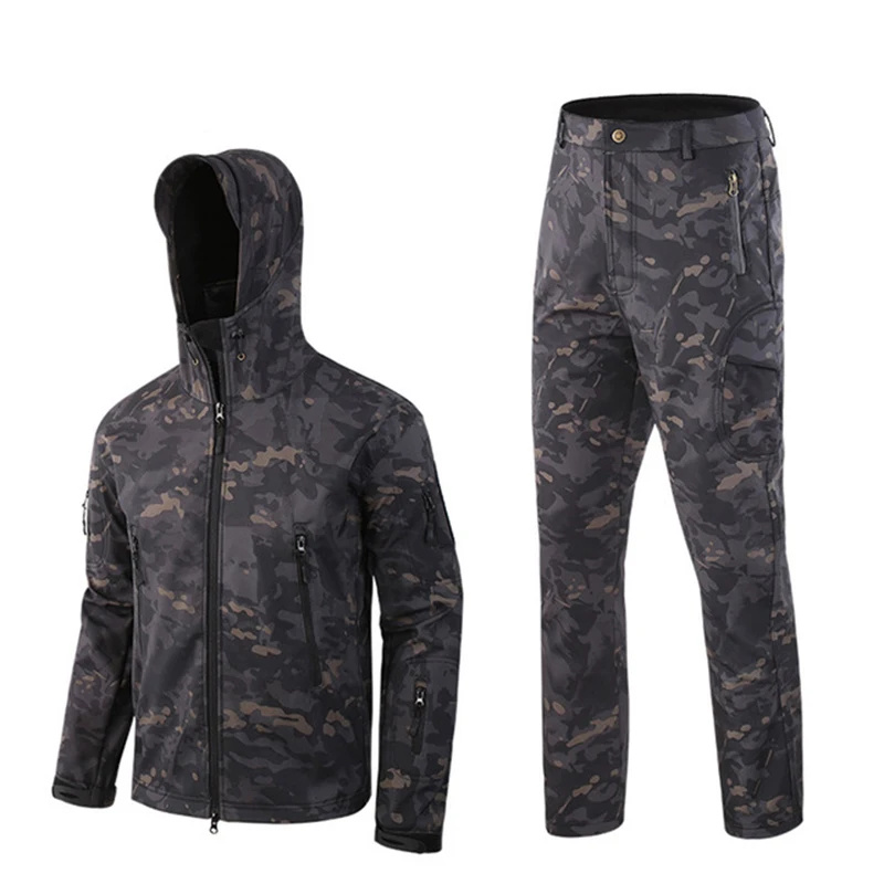 drak black Outdoor softsell military camouflage suit men's tactical waterproof jacket For Hunting Hiking fishing fleece jacket pants - Цвет: drak black