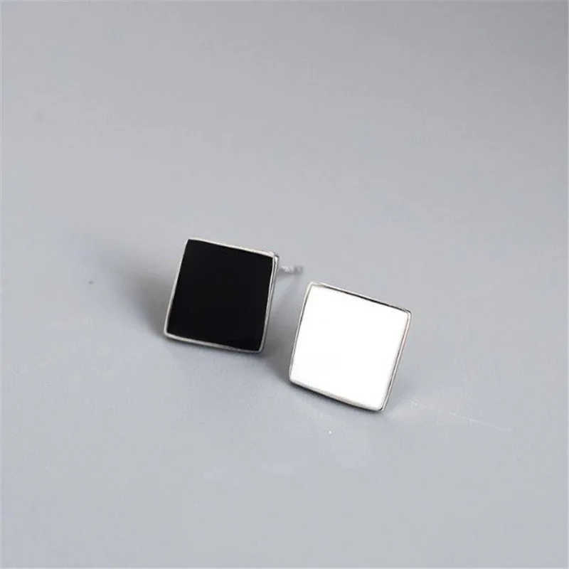 POFUNUO 925 Sterling Silver Geometric Rhombus Girls Stud Earrings Minimalist Women Chic White Black Square Ear Fine Jewelry | Украшения и