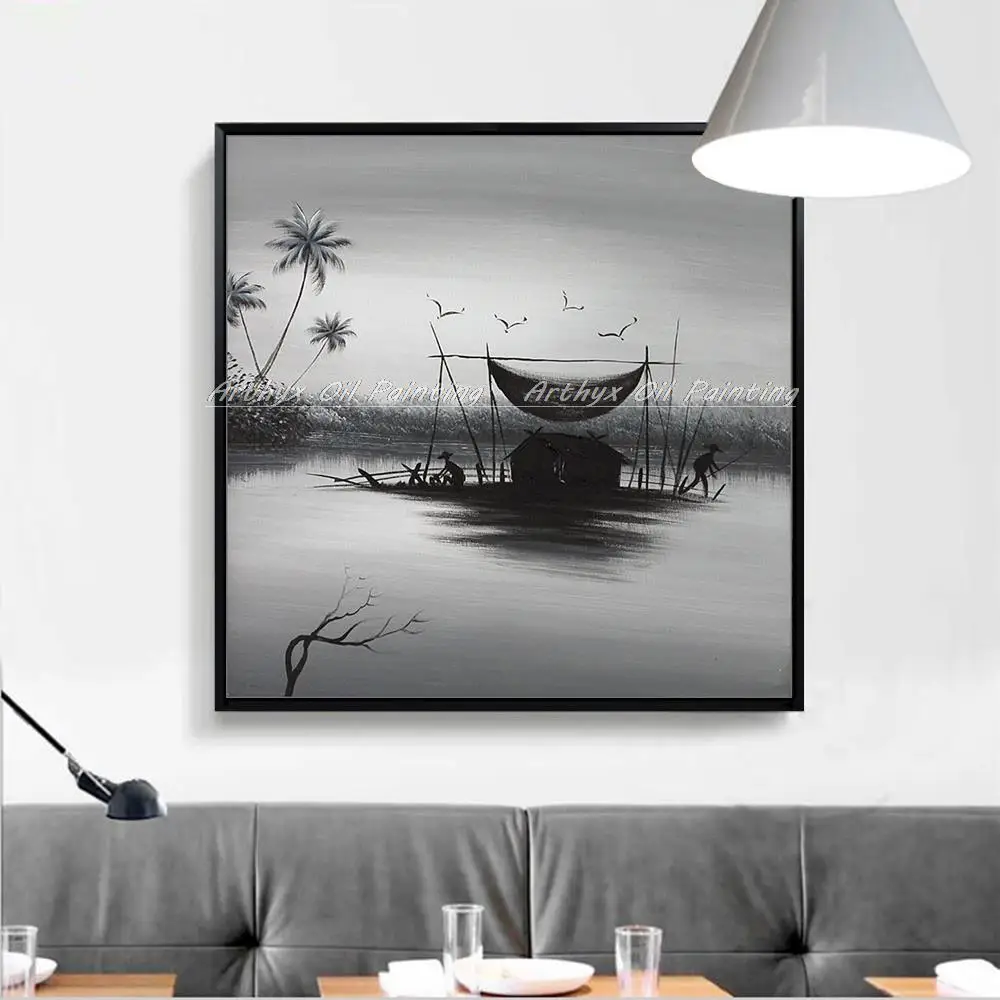 Arthyx ручная работа семья рыбака пепельный черный пейзаж масляная живопись на