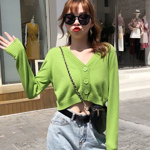 Женский трикотажный кардиган, повседневный короткий свитер с V-образным вырезом, 7 цветов, в Корейском стиле, весна-осень 2021