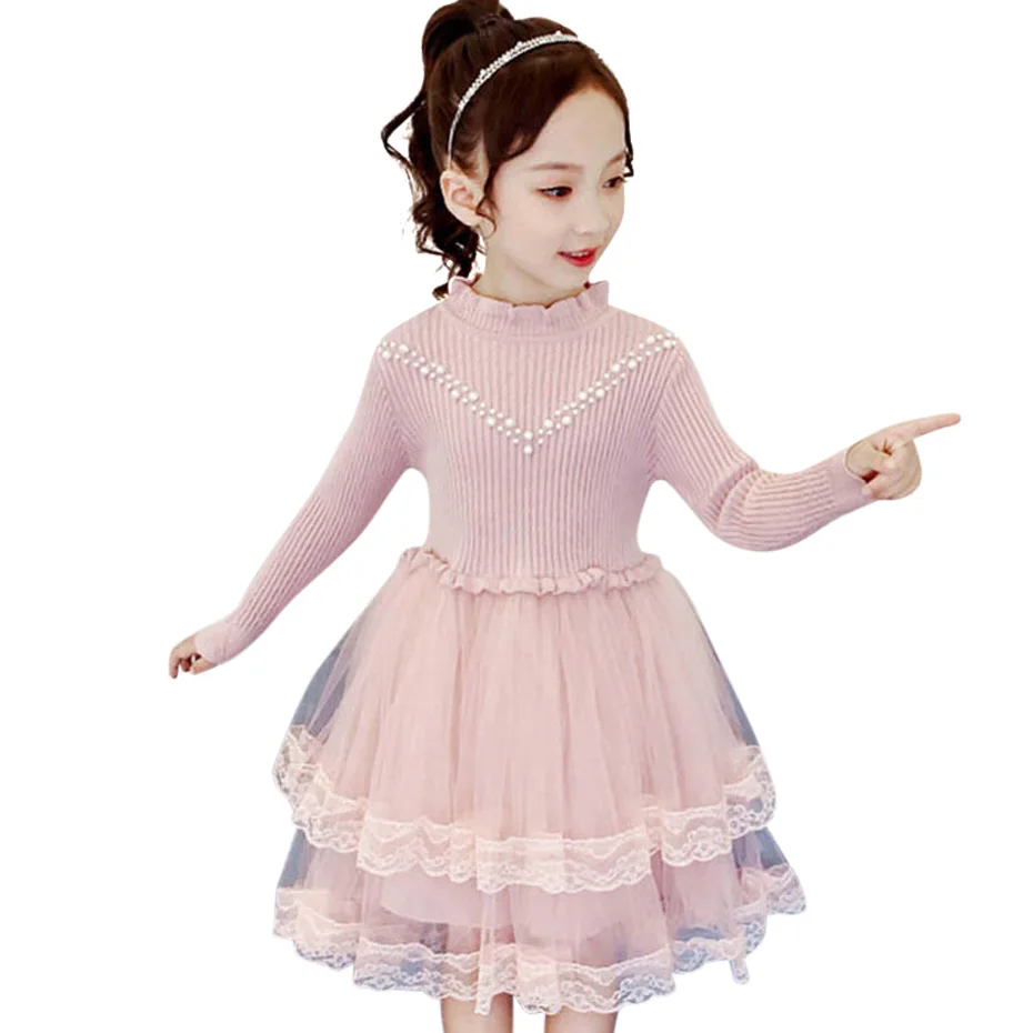 Платье для девочек лоскутное кружевное платье трикотажное платье-свитер Осеннее