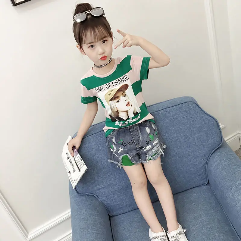 

Summer Girl Set T-shirt Top Jean Shorts Two Piece Cotton Sleeveless Casual Clothing Sets for Girls Kids Children Fashtion Suit