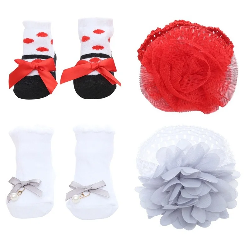 

2 Pcs/set Baby Princess girl Cute Socks Set Newobrn Accessories Mesh Bowknot Solid Color Sock Floral Hair Band Calcetines Bebe