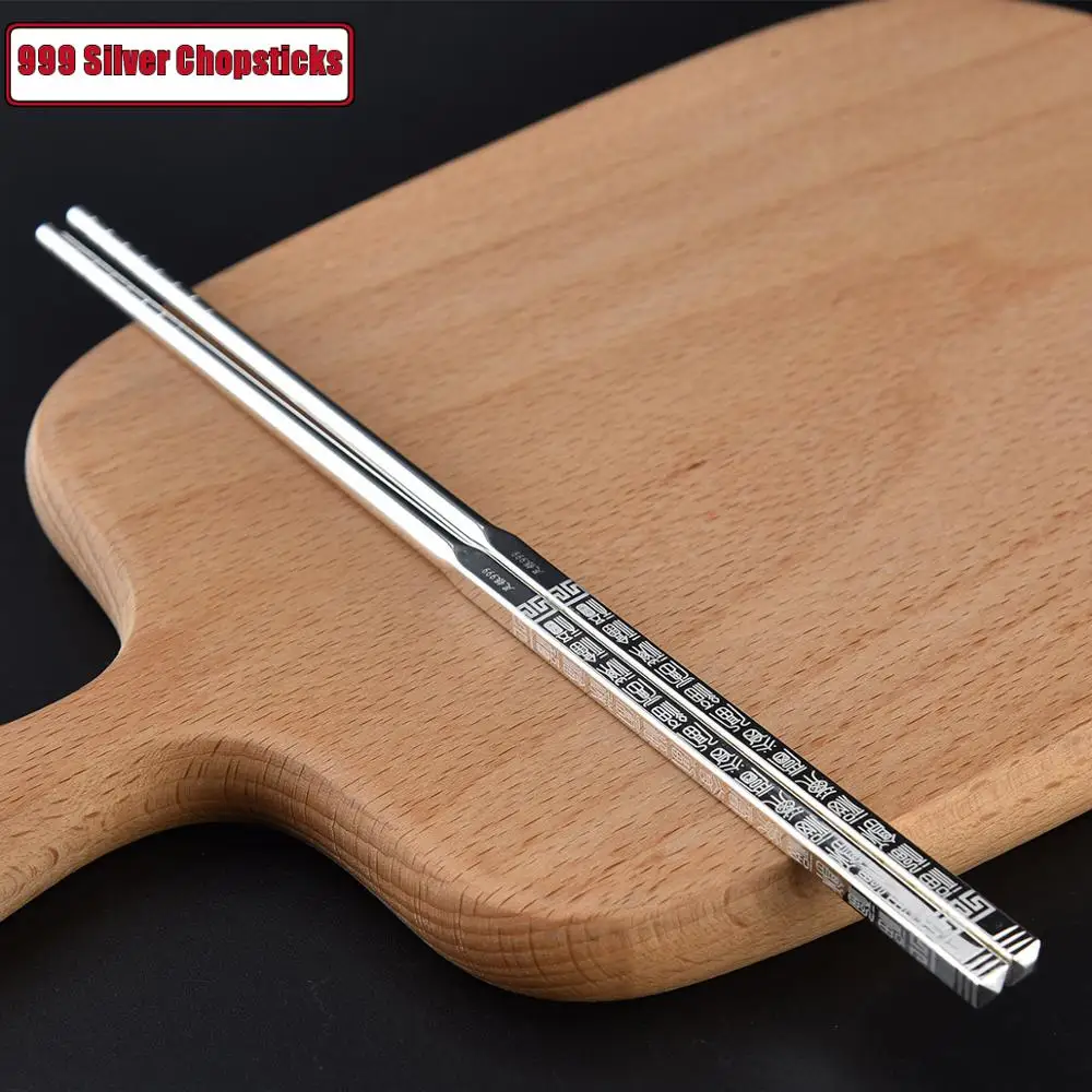 Одна пара однотонных палочек для еды из чистого серебра металлические