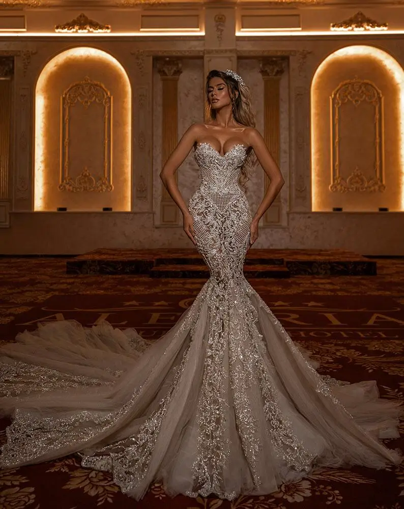 

Custom Make Wedding Dresses Strapless Lace Beads Crystal Beads Dresses Mariage Bride Dresses