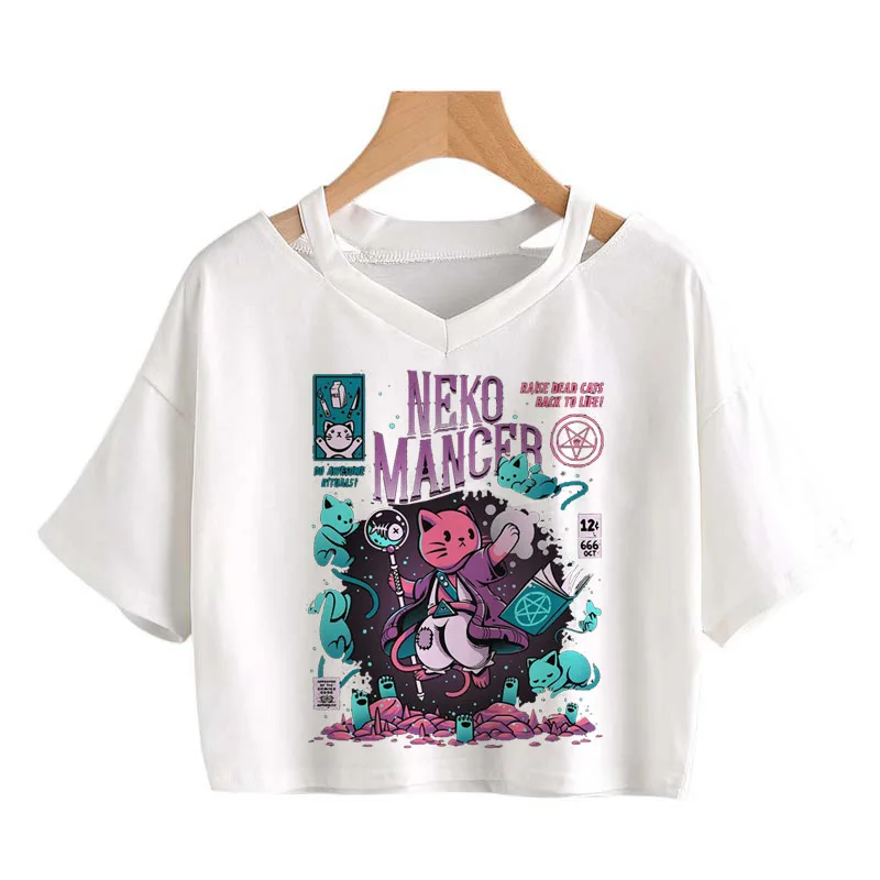 Летняя футболка Harajuku Y2k Neko Mancer кроп топы Ulzzang панк гранж черная сатаническая