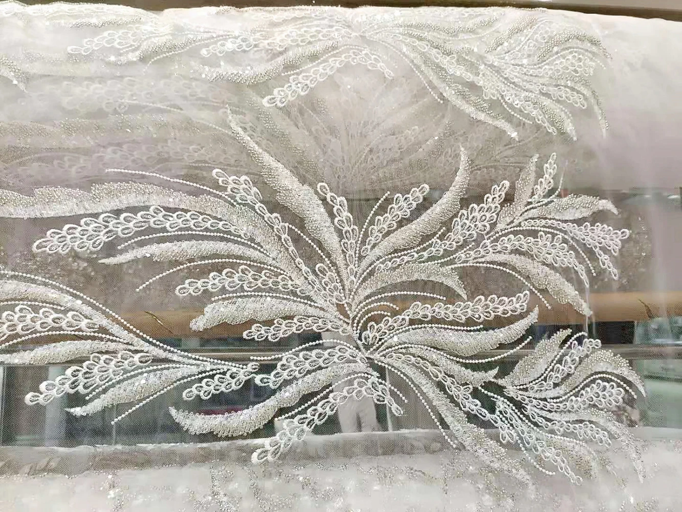 

High Quality White Lace Fabric Bead Tube Sequin Embroidery Fabric Designer DIY Wedding Dress Sewing Clothing Accessories 5 Yards