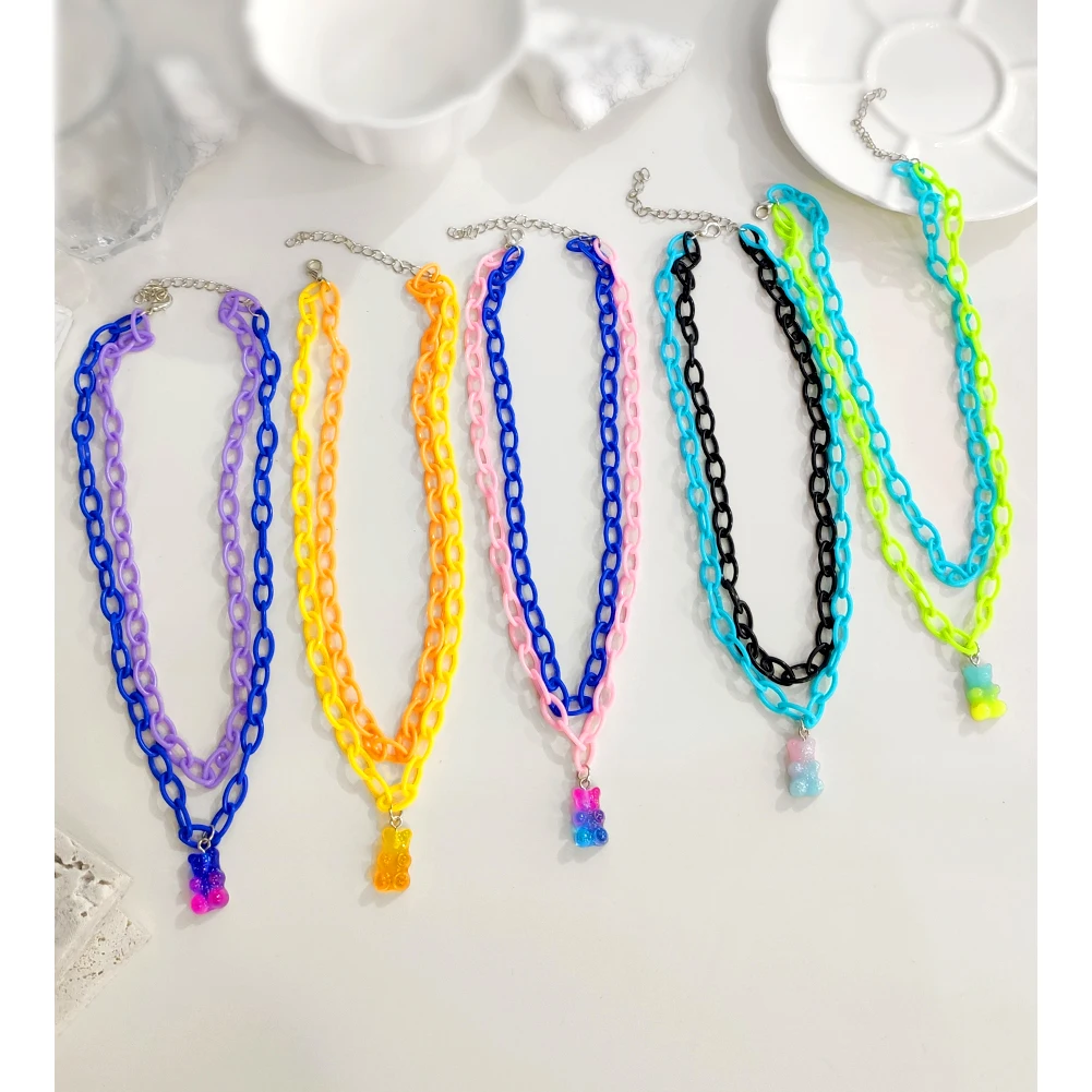 

New Candy Color Gummy Bear Double Link Chain Necklace For Women Girls Cartoon Animal Bear Pendant Necklaces Party Jewelry Gifts