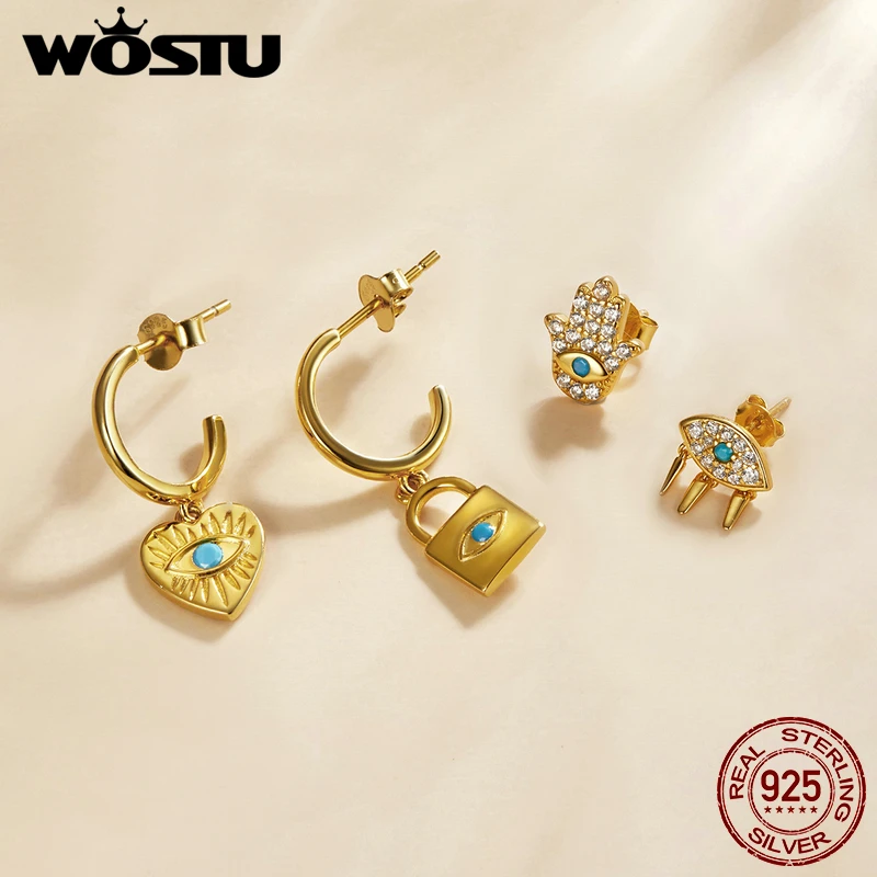 WOSTU Стерлинговое Серебро 925 пробы 1 шт. серьги-гвоздики Lucky Eye &amp Hand Rock Little Bee Золотые