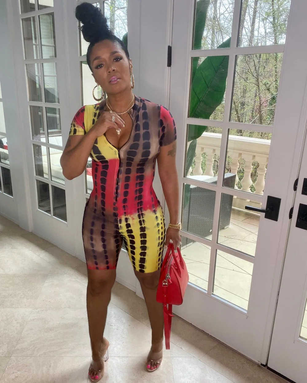 

Women Short Sleeve Tie Dye Printed Bodycon Romper