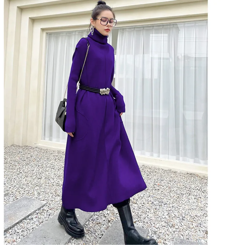 

QING MO Knitted Sweater Woman Dress 2021 Spring Autumn Solid Color Loose Vest Dress+ Turtleneck Shirt Dress Two-piece LHXX463