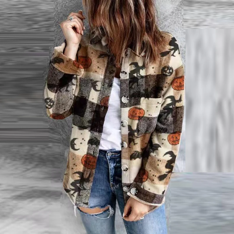 

Cute Women Halloween Pattern Printed Shirt Elegant Turn Down Collar Long Sleeves Loose Top Autumn Plus Size 3XL Patchwork Shirt