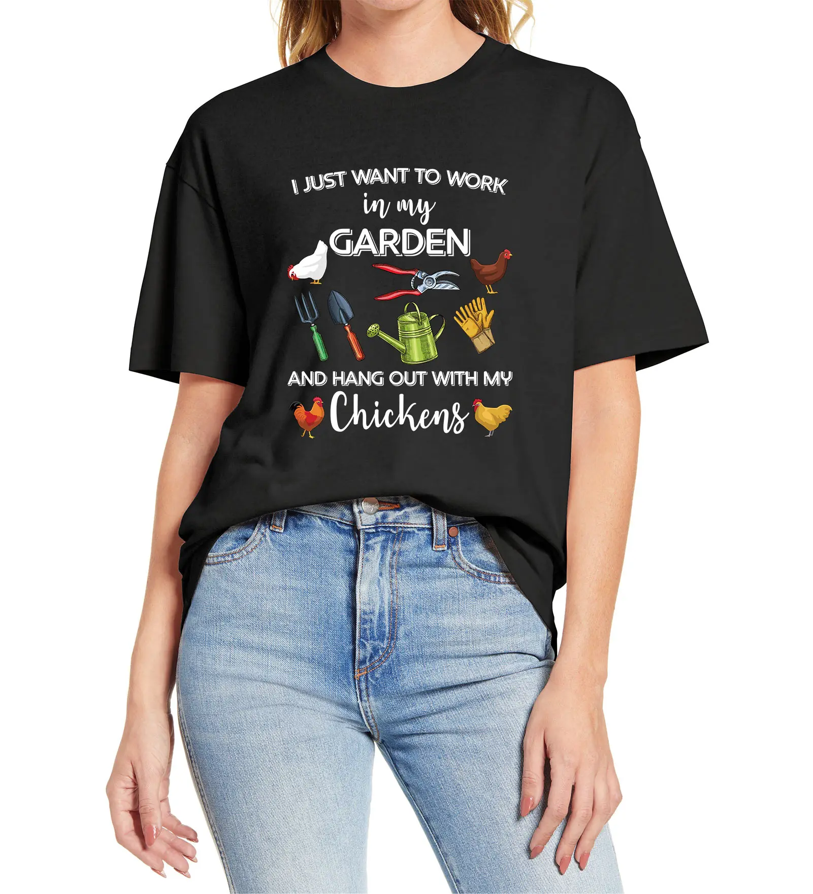 

100% Cotton I Just Want To Work In My Garden And Hang Out With Chickens Funny Farmer Women T-Shirt Soft Tee Gift
