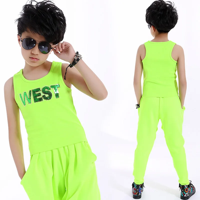 Костюм для танцев в стиле хип-хоп флуоресцентный зеленый жилет шаровары одежда