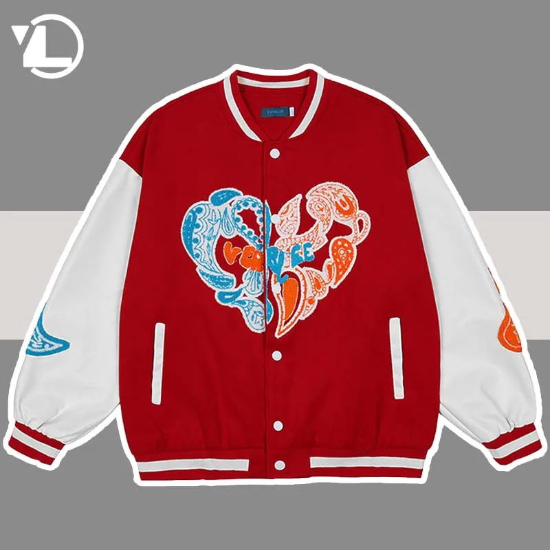 

Mens Patchwork Baseball Jacket Street Furry Love Flocking Loose Hip Hop Street Varsity Jackets Women Winter Bomber Coat Unisex