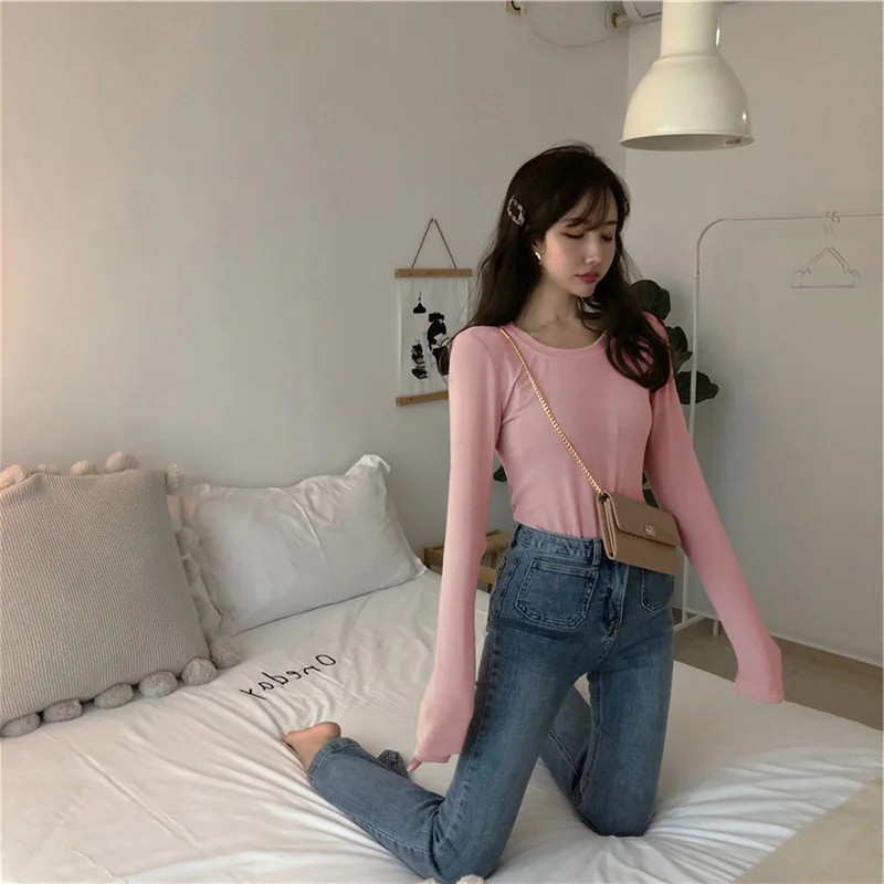 

Long-sleeved T-shirt female spring and autumn Korean version of self-cultivation ins super fire net red round neck inner base sh