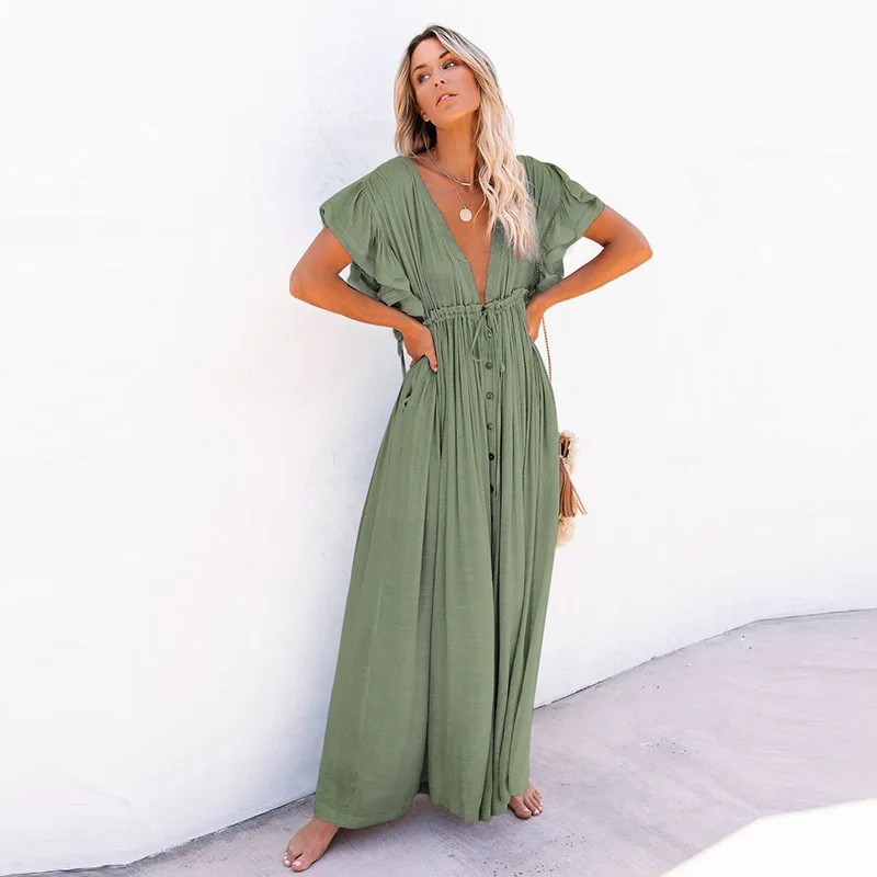 Женская однотонная туника с глубоким V-образным вырезом длинная Пляжная накидка