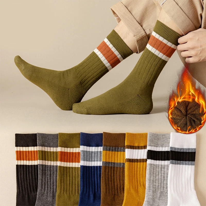 

1Pair Cotton Striped Socks For Men Soft Breathable Autumn Winter For Male Socks Fashion Terry Thicken Thermal Mid-Tube Socks