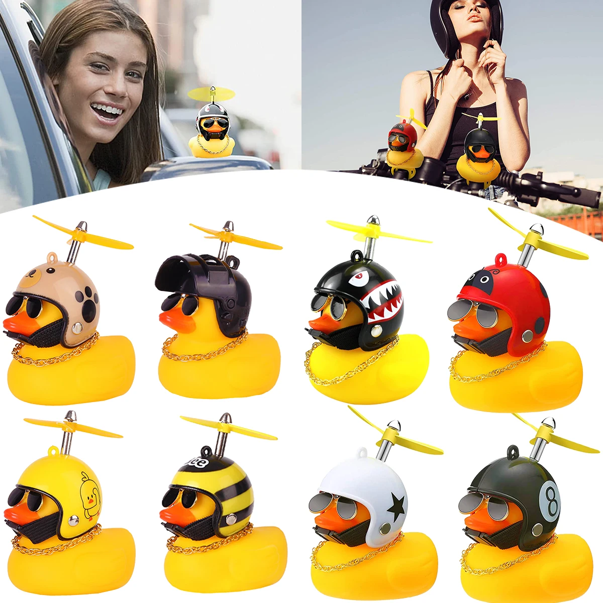 

Small Yellow Duck with Helmet Vehicle Mount Decor Ornaments Broken Wind Propeller Helmet Road Bike Motor Car Riding Decorations