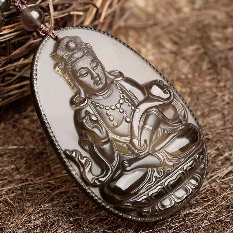 

Natural Obsidian Guanyin Pendant Charms Necklace Men Women Genuine Black Jades Stone Guan Yin Buddha Statue Lucky Amulet Gifts
