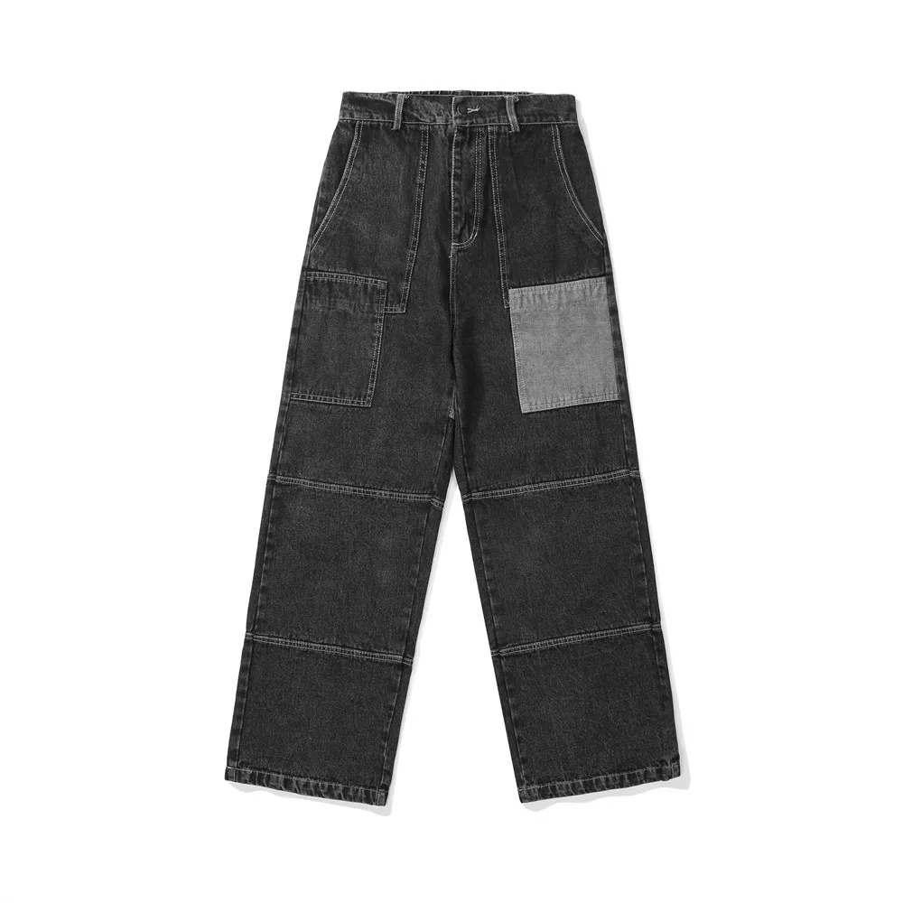 

Patchwork Stitching Washed Distressed Jeans Men Fashion Brand Streetwear Wide Leg Pants Spring Autumn Casual Straight Long Pants