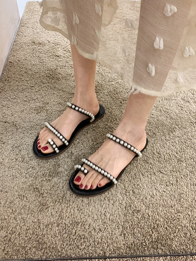

Shoes Woman's Slippers String Bead Luxury Slides Low 2021 Flat Designer Rubber Rome PU Basic Shoes Womens Slippers Outdoor Slide