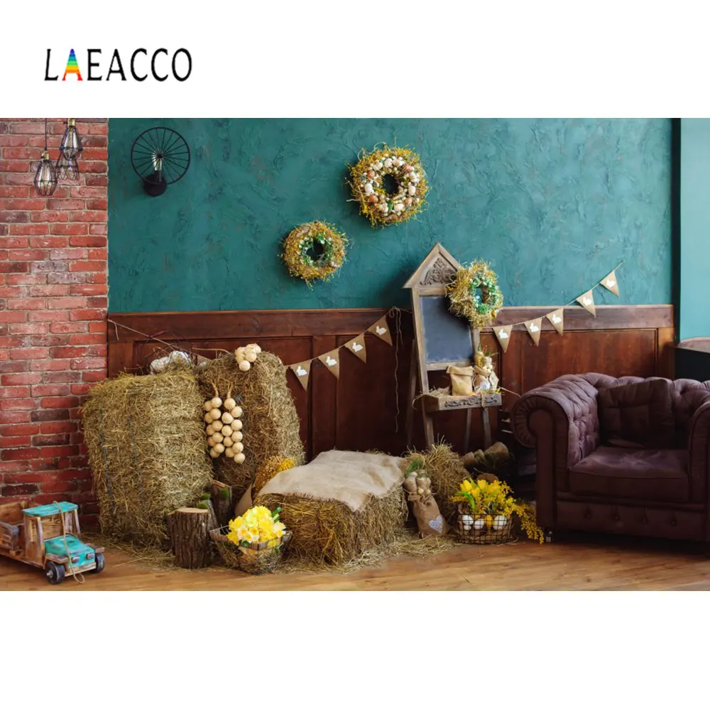 Пасхальный фон Laeacco для фотосъемки с изображением яиц сена цветов венков