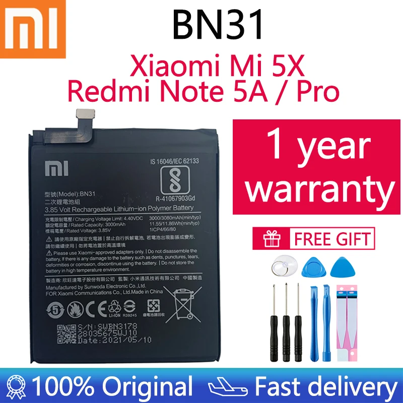 

Xiao mi 100% Orginal BN31 3080mAh Battery For Xiaomi Mi 5X Mi5X Redmi Note 5A / Pro Mi A1 Redmi Y1 Lite S2 BN31 Batteries