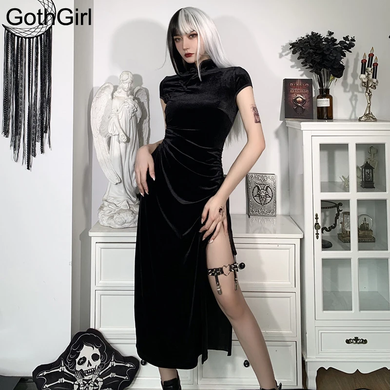 

Gothic Vintage Summer Midi Cheongsam Dresses Women Velvet Cut Out Punk Grunge Clothes Bodycon Cheongsam Split Dress