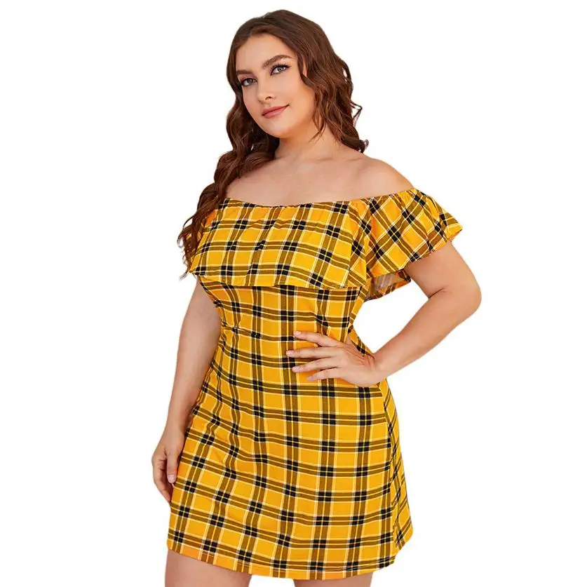 

Yellow Sexy Plaid Sleepwear Women Cotton Nightgown Short Ruffles Nightdress Plus Size Slash Neck Nightwear Intimate Lingerie