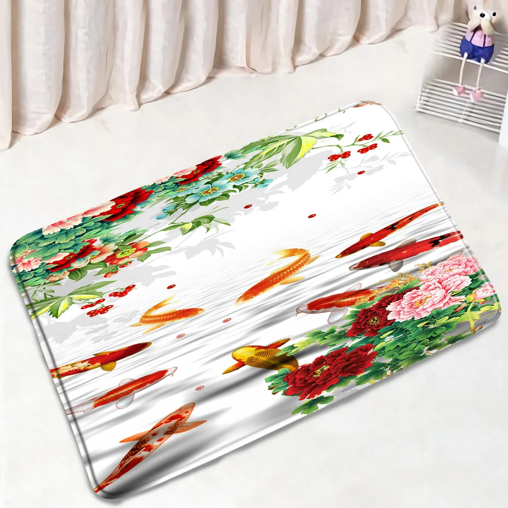 

Flower Red Koi Bath Mat Stone Floral Lotus Leaf Plant Flannel Anti Skid Shower Carpet Kitchen Living Room Doormat Bathroom Mats