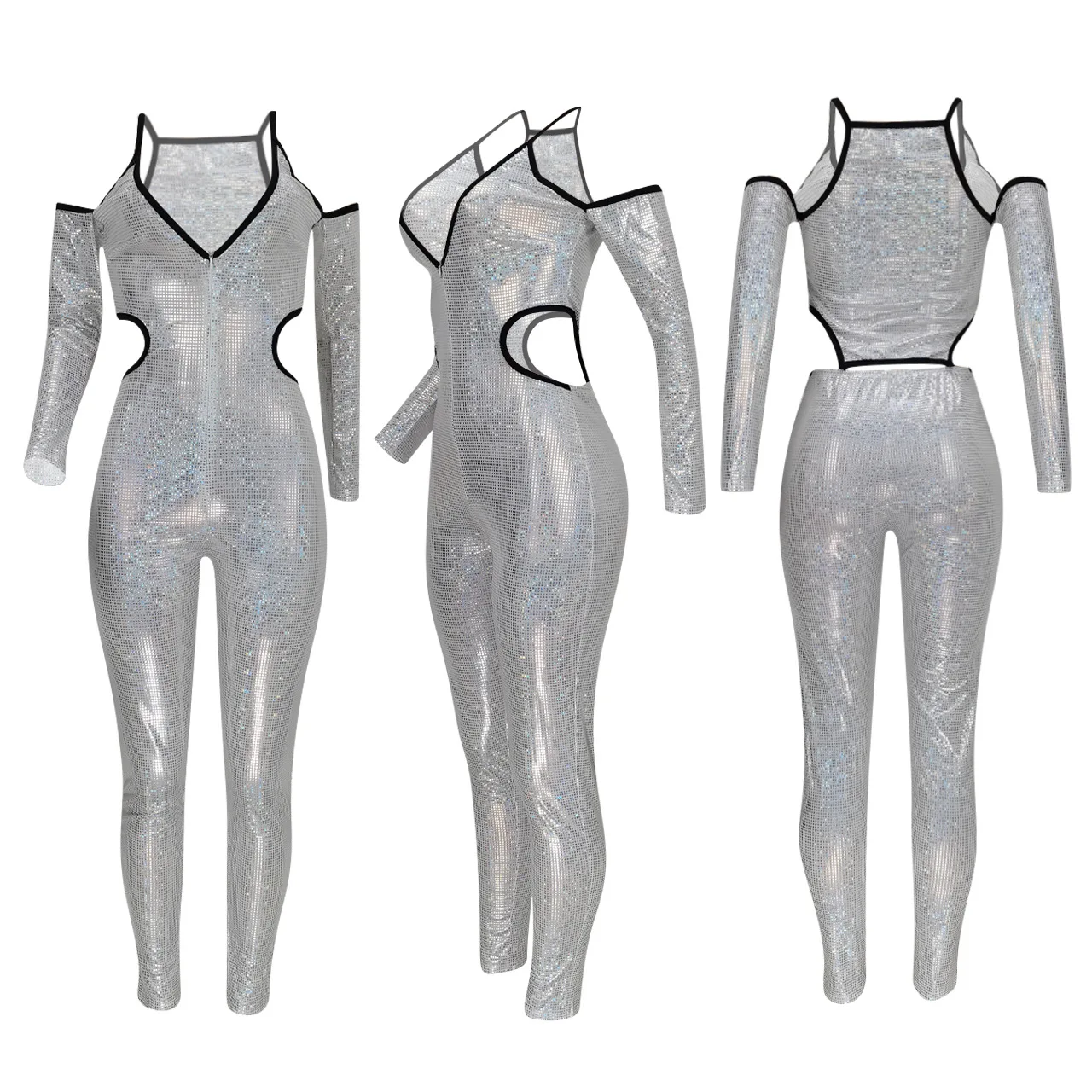 

Women Brown Jumpsuit Sexy Deep V-Neck Long Sleeve Hollow Out Shiny Sliver Bodycon Jumpsuit Female Party Club One Piece Rompers