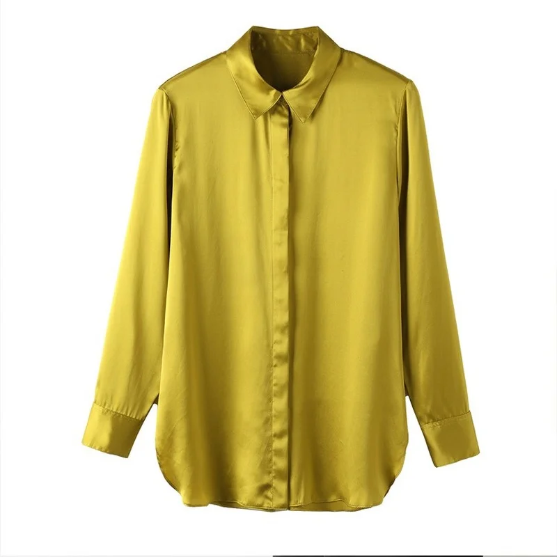 

Silk Concealed Button Temperament Long-sleeved Loose Women Shirt