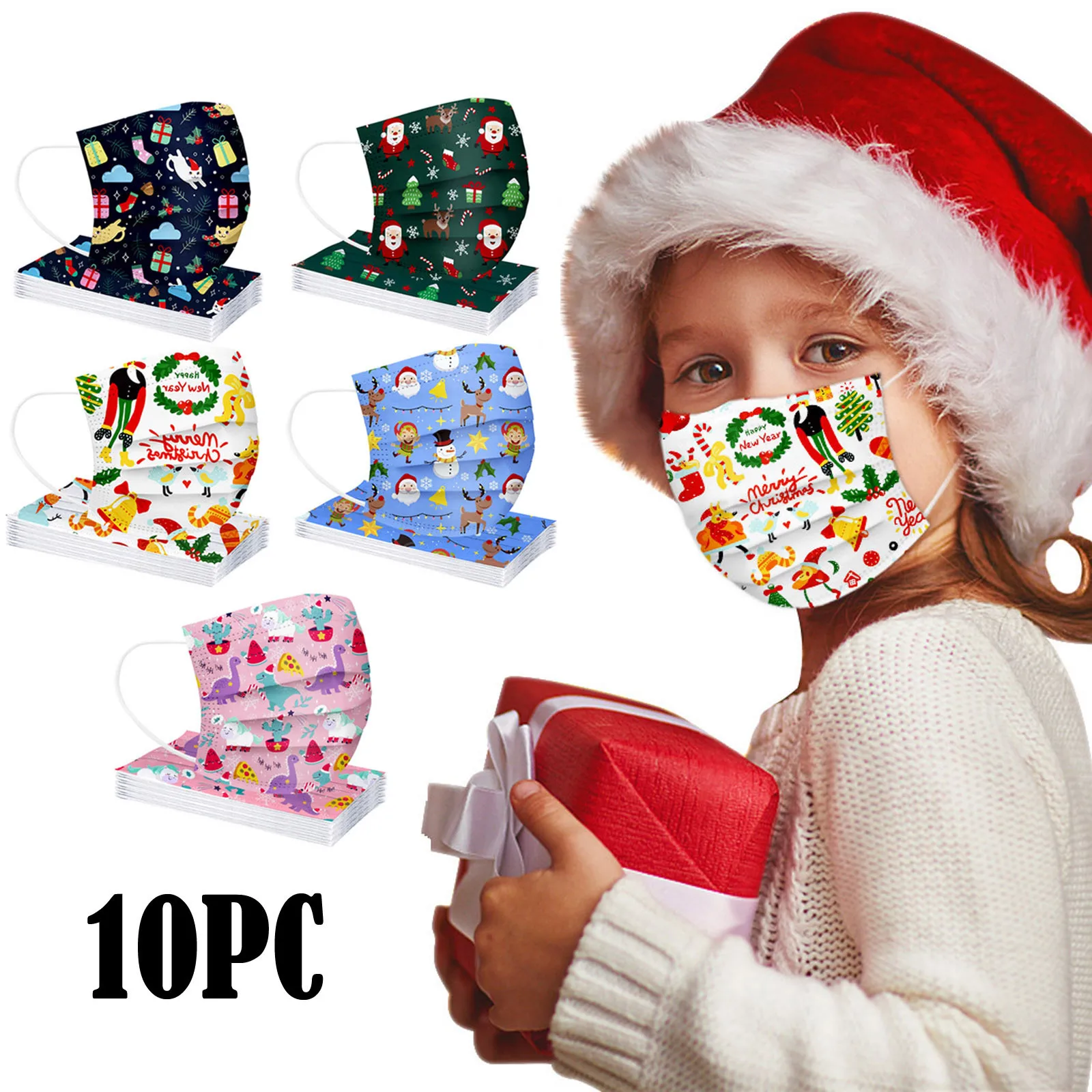 

10pc Kids Christmas Disposable Masks Unisex Printed Soft Face Cover 3-layer Child Dustproof Pm2.5 Masks Earloop Bandage Masks