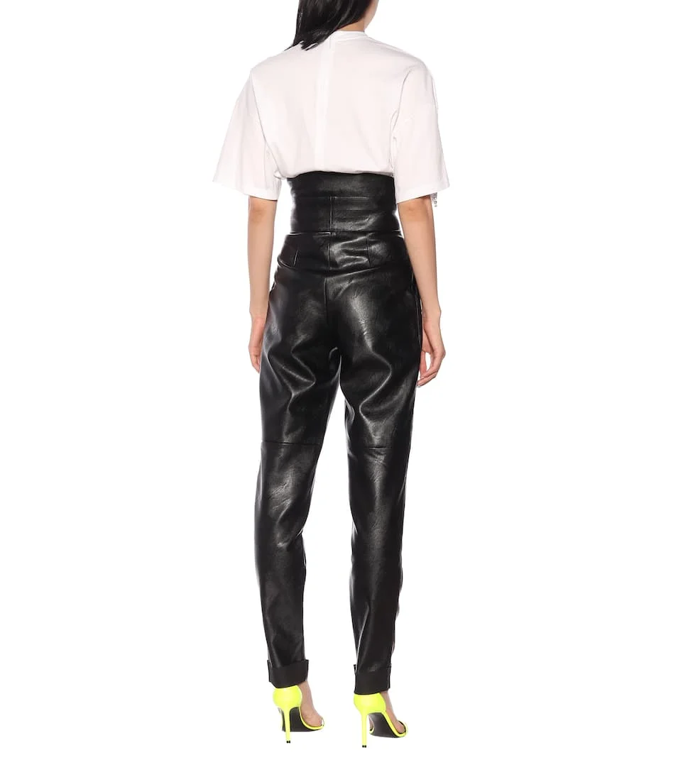 Брюки женские кожаные плиссированные полной длины с высокой талией и поясом F842 |