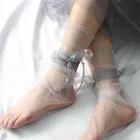 Сексуальные кружевные носки с жемчужным бантом, женские прозрачные сетчатые носки до щиколотки, элегантные женские ультратонкие тюлевые носки принцессы, женские носки