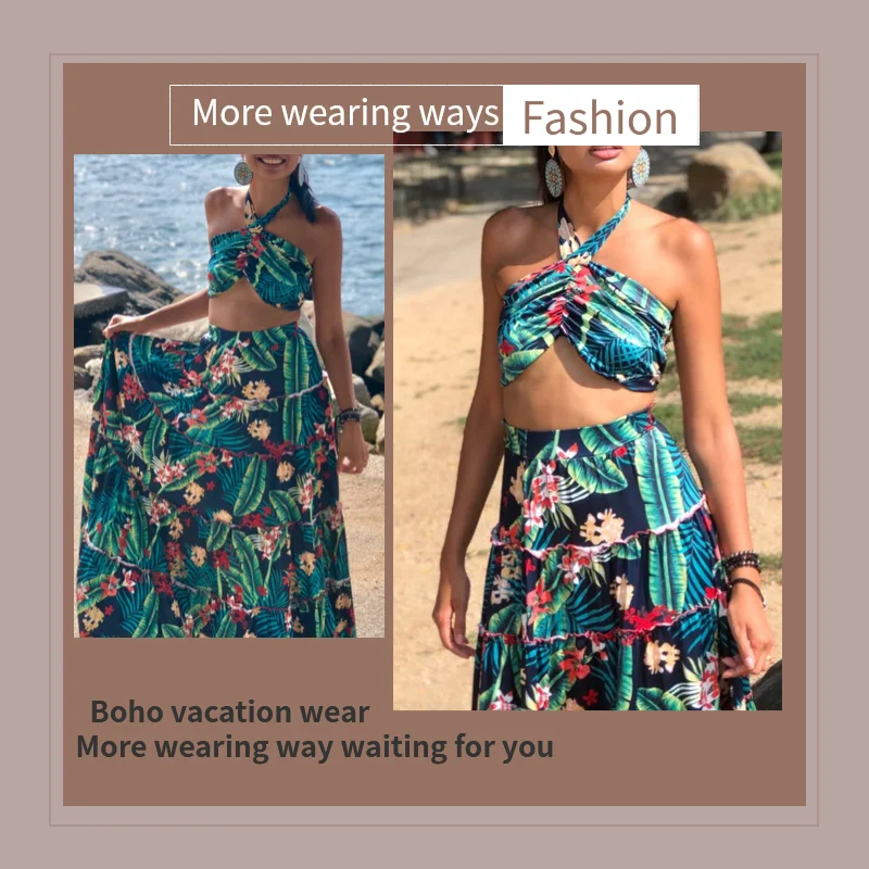 Boho сексуальный женский комплект из двух предметов, укороченный топ, длинная юбка, цветочный принт, бандо, без бретелек, бандаж, оборки, высокая талия, повседневный костюм