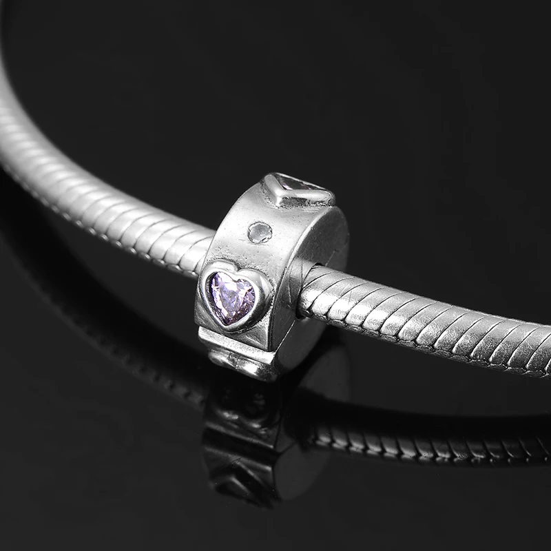 

100% Real 925 Sterling Silver Pink CZ Heart Lock Clip Beads Fit Original Pandora Charms Bracelet Bangles DIY Jewelry Making