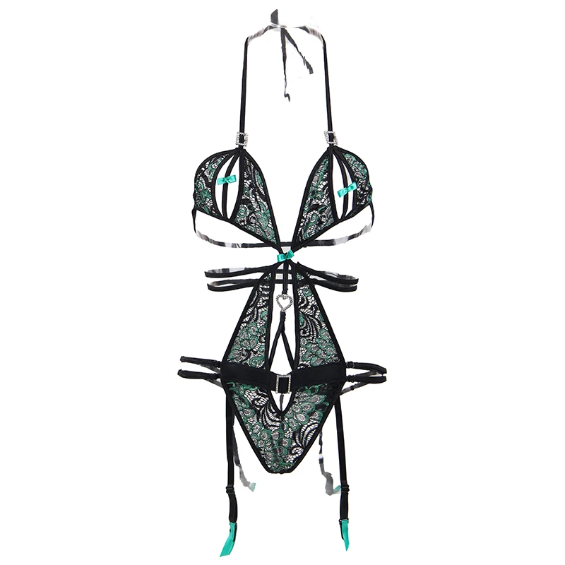 Женское ажурное нижнее белье Ohyeahlover соблазнительное зеленое Тедди с лямкой на