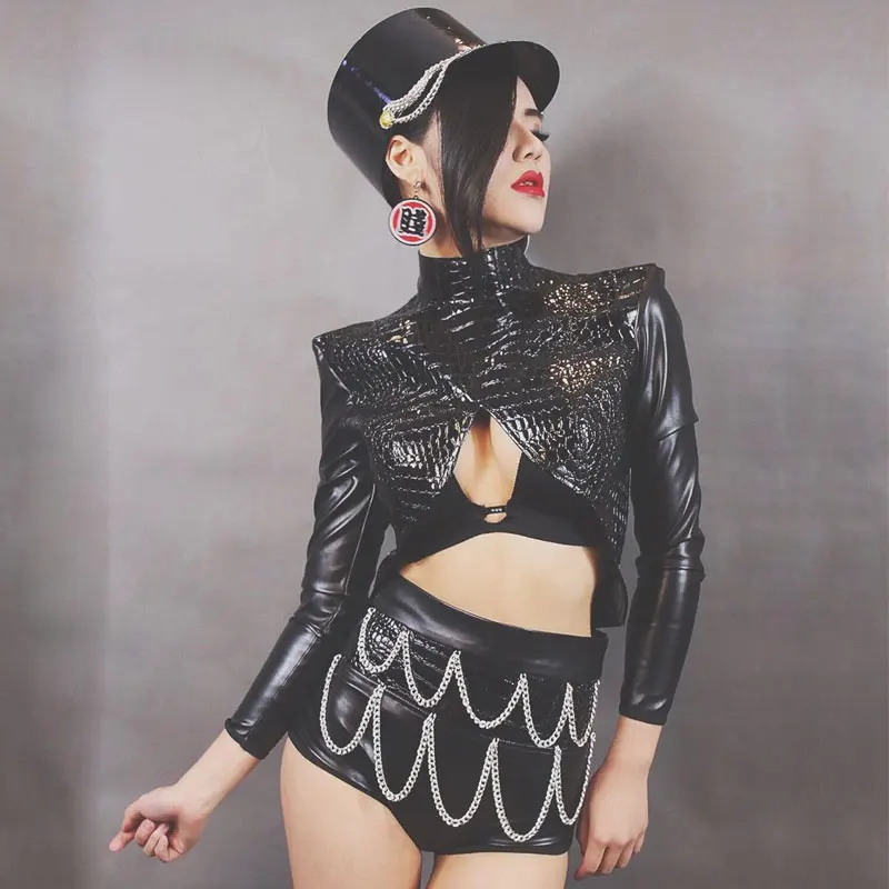 

Сценические костюмы в британском стиле, черный цвет, искусственная кожа, короткий топ, бюстгальтер, DS, DJ, GOGO, Bar, ночной клуб, Женская команда п...