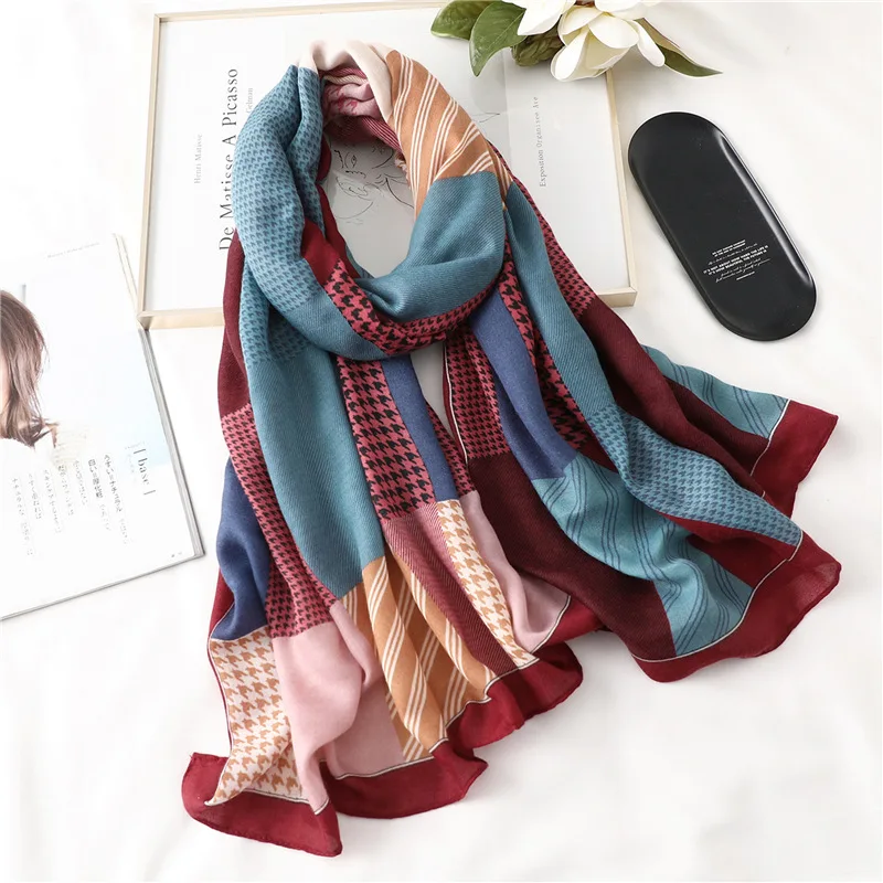 

Korea Style Scarf Female Autumn And Winter Houndstooth Check Color Matching Plaid Western Fashion Long Wild Cotton Linen Shawl